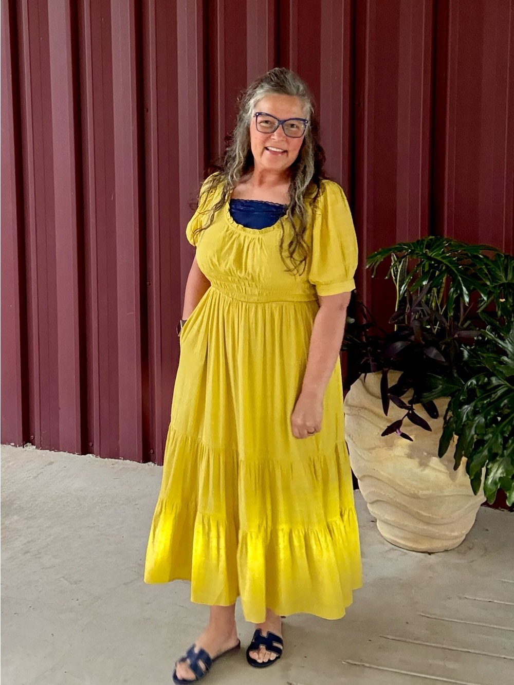Umgee Yellow Tiered Maxi Dress with Puff Sleeves